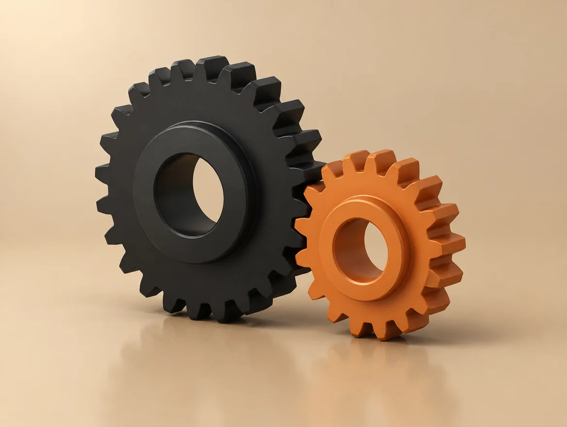 A 3D render of two meshed gears on a warm tan floor, the large one dark carbon and the small one burnt orange.