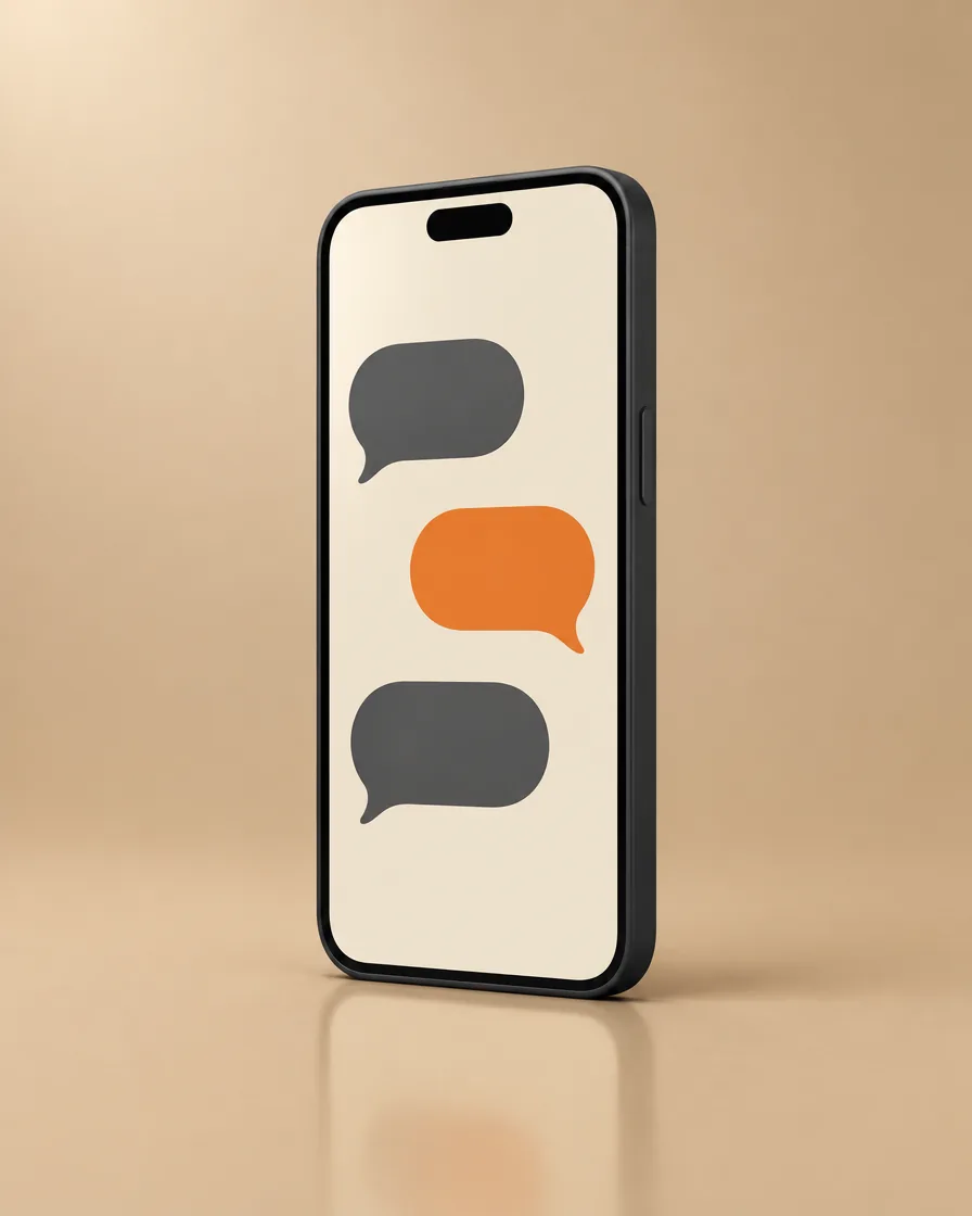 A 3D render of a dark phone on a warm tan floor, its screen showing three plain text bubbles, one in burnt orange.